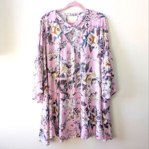 Umgee Floral Print Boho Bell Sleeves Criss Cross Mini Swing Dress Size Small